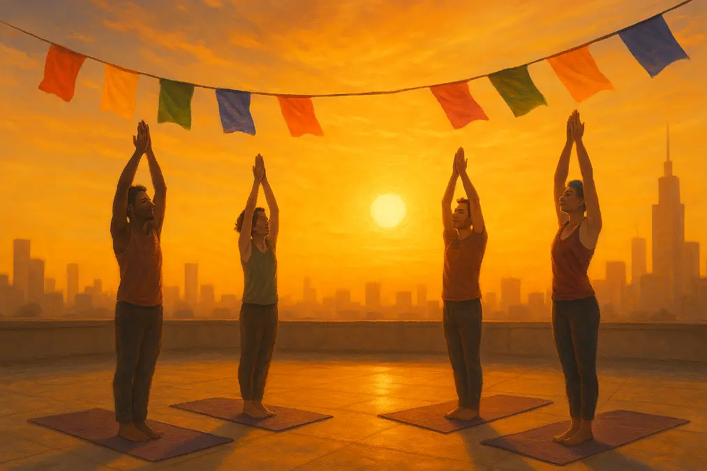 Queer individuals practicing sun salutations on a rooftop at sunrise with orange and yellow skies and rainbow prayer flags, embodying Mars in Libra’s energy of balance and partnership healing.